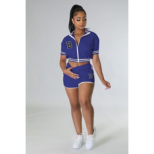 Short Sleeve Zipper Baseball Jacket Shorts Set 2 Pieces FOS-8330