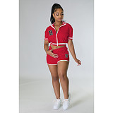 Short Sleeve Zipper Baseball Jacket Shorts Set 2 Pieces FOS-8330