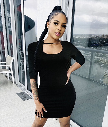 High Waist 3/4 Sleeve Bodycon Black Dresses QZX-6271
