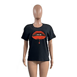 Lips Print Short Sleeve Cotton T Shirt Tops HGL-2006