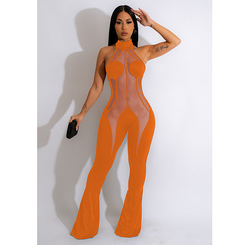 Sexy Solid Mesh Patchwork Backless Bodycon Jumpsuit BN-9402