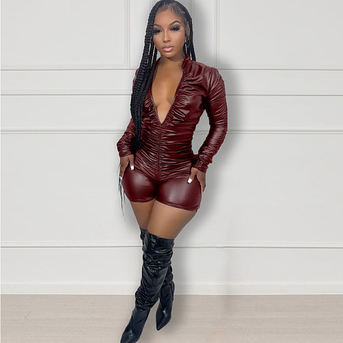 Faux Leather Stacked Ruched Bodycon Rompers BGN-277