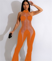Sexy Solid Mesh Patchwork Backless Bodycon Jumpsuit BN-9402
