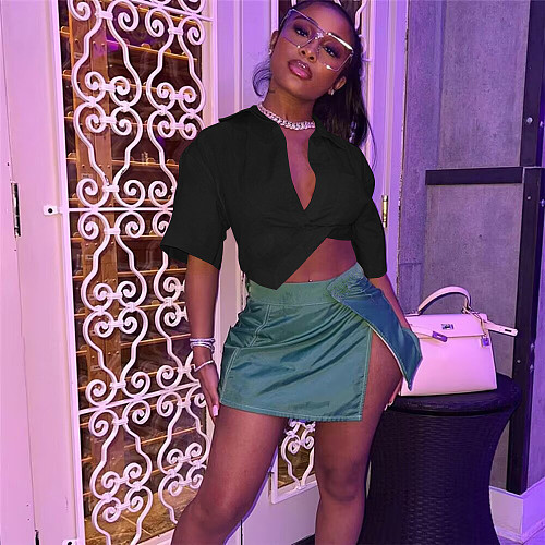 Asymmetrical Shirt Crop Tops Skirt Sets Two Pieces MEM-88470