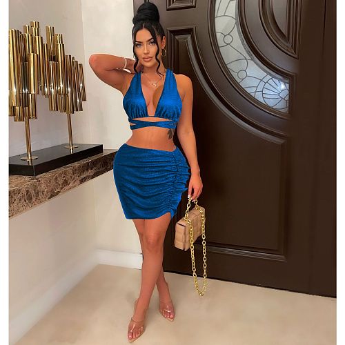 Sexy Halter Bandage Crop Tops Ruched Skirts Set MDF-5358