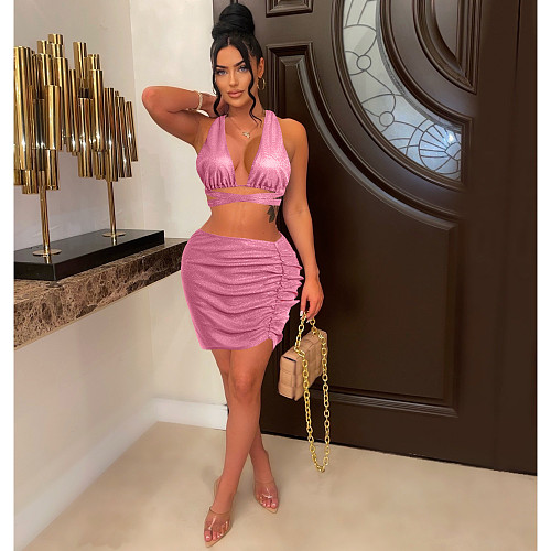 Sexy Halter Bandage Crop Tops Ruched Skirts Set MDF-5358
