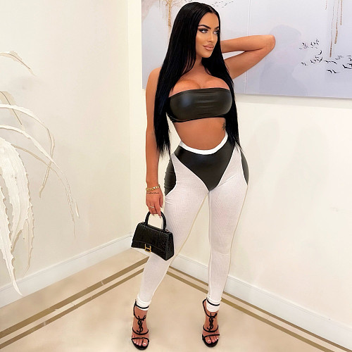 PU Leather Strapless Crop Tops Legging Pants Outfits WDS-230307