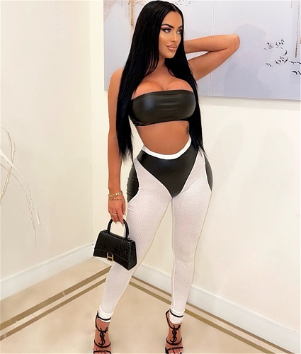 PU Leather Strapless Crop Tops Legging Pants Outfits WDS-230307