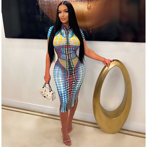 Printing Short Sleeve Zipper Front Midi Dresses FOS-8332