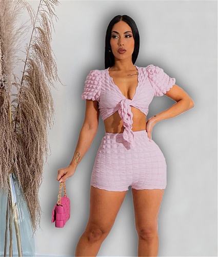 Bubble Short Sleeve Lace Up Crop Tops Shorts Set MUX-6121