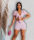 Bubble Short Sleeve Lace Up Crop Tops Shorts Set MUX-6121