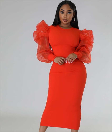 Mesh Puff Sleeve High Waist Bodycon Elegant Dress LA-3328