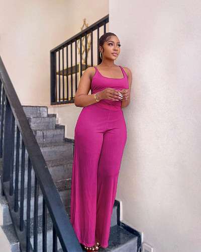 Solid Backless Vest Tops+Wide Leg Pants Outfit YIM-308