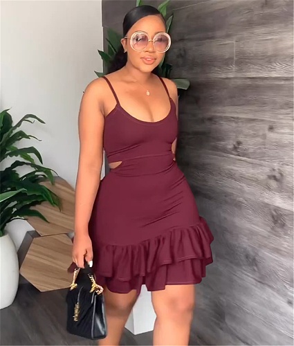 Solid Color Spaghetti Strap Ruffle Hem Mini Dress YS-839
