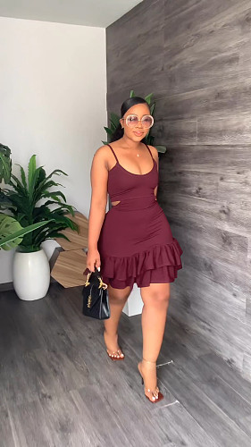 Solid Color Spaghetti Strap Ruffle Hem Mini Dress YS-839
