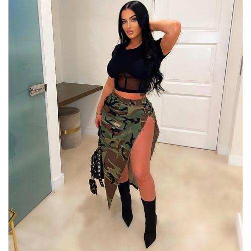 Camo Print High Side Slit Y2K Streetwear Skirts WDS-230326