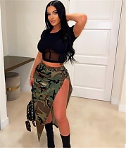 Camo Print High Side Slit Y2K Streetwear Skirts WDS-230326