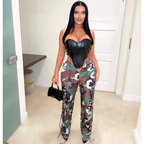 Y2K Streetwear Camo Print Bandage Straight Pants BN-9405