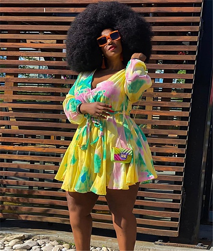 V Neck Long Sleeve Lace Up Pleated Plus Size Dress OSS-20858