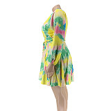 V Neck Long Sleeve Lace Up Pleated Plus Size Dress OSS-20858