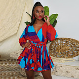 V Neck Long Sleeve Lace Up Pleated Plus Size Dress OSS-20858
