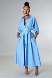 Solid Single Breasted A Line Maxi Shirt Dresses OSM-4383