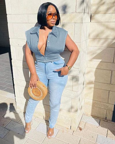 Single Breasted Jean Jacket Crop Top Sleeveless Vest MOF-8918