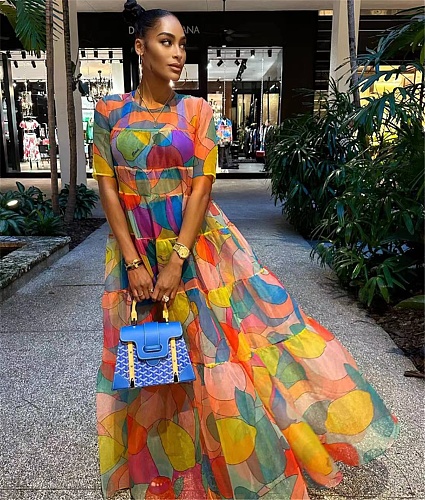 Mesh Print Short Sleeve Pleated Maxi Dresses ZAND-31272