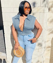Single Breasted Jean Jacket Crop Top Sleeveless Vest MOF-8918