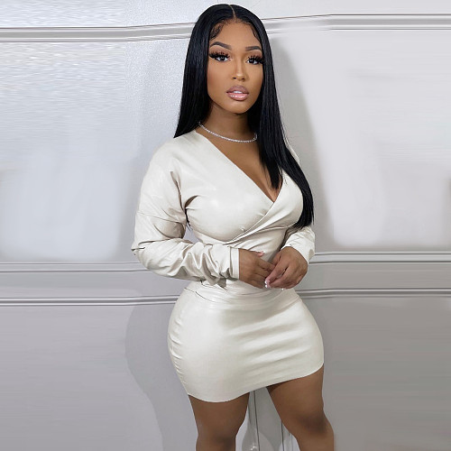 V Neck Long Sleeve High Waist White Leather Dress BGN-274