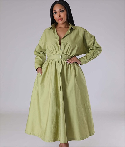 Solid Single Breasted A Line Maxi Shirt Dresses OSM-4383