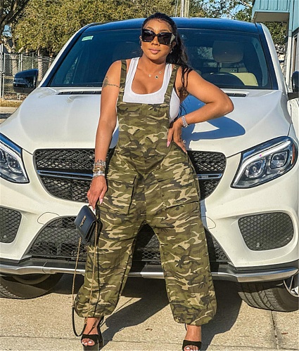 Camo Print Loose Baggy Sleeveless Cargo Jumpsuits JLY-19546