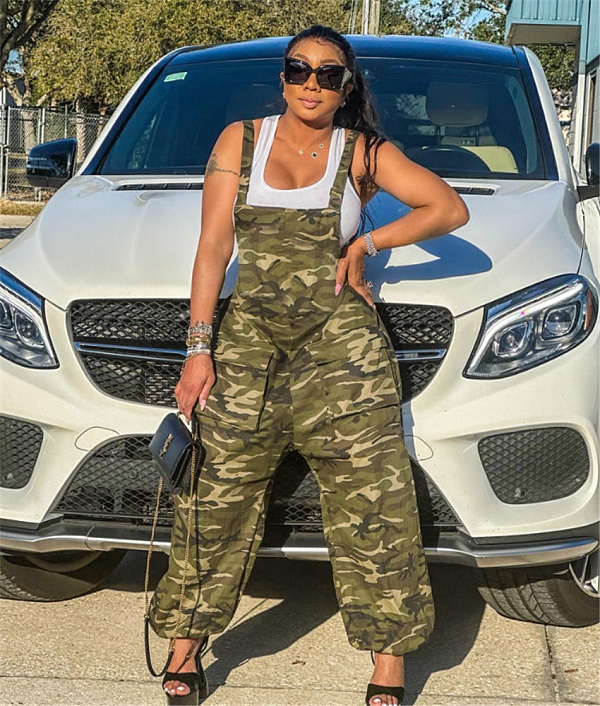Camo Print Loose Baggy Sleeveless Cargo Jumpsuits JLY-19546