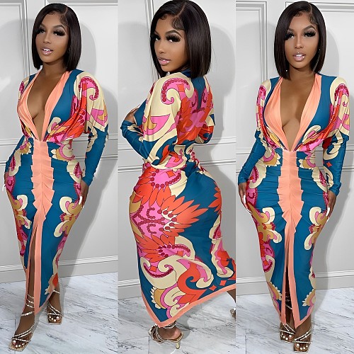 Vintage Printing Long Sleeve Deep V Maxi Dresses LS-0393