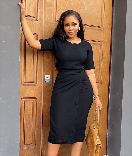 Solid Short Sleeve O Neck Elegant Midi Dresses YS-841