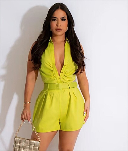 Sleeveless Lace Up Turn Down Collar Button Rompers MEM-88476