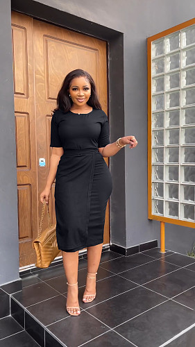 Solid Short Sleeve O Neck Elegant Midi Dresses YS-841