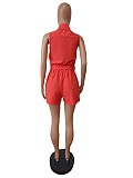 Sleeveless Lace Up Turn Down Collar Button Rompers MEM-88476
