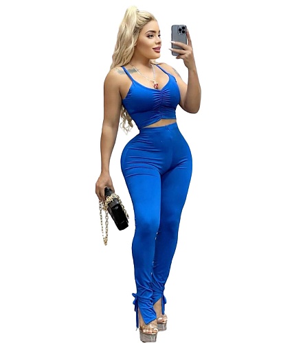 Solid Camisole Crop Tops Body-shaping 2 Piece Pant Sets JZH-8125