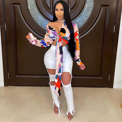 High Waist Ripped Holes Bodycon Denim Pants LA-3266