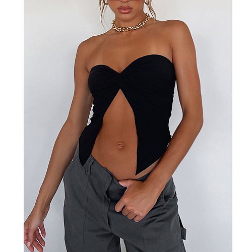 Sexy Solid Asymmetric Twist Strapless Crop Tops ASL-6633