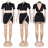 Short Sleeve Crop Tops Side Slit Skirt Two Piece Sets FSX-387