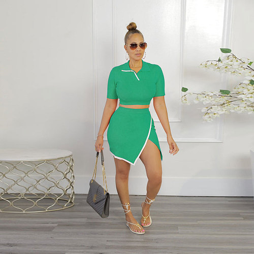 Short Sleeve Crop Tops Side Slit Skirt Two Piece Sets FSX-387