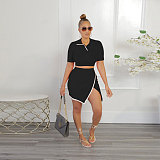 Short Sleeve Crop Tops Side Slit Skirt Two Piece Sets FSX-387