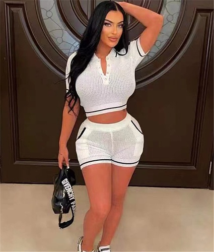 Knitted Thread Lapel Casual Two Piece Short Sets NIYA-8137