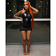 PU Leather One Shoulder Bodysuit+Fuzzy Mini Skirts Set IV-8366