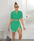 Short Sleeve Crop Tops Side Slit Skirt Two Piece Sets FSX-387