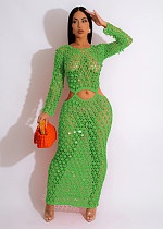 Knitting Crochet Hollow Out Long Sleeve Sequin Dress TR-1250