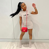Solid Color Letter Print Short Sleeve Summer Dress XING-244