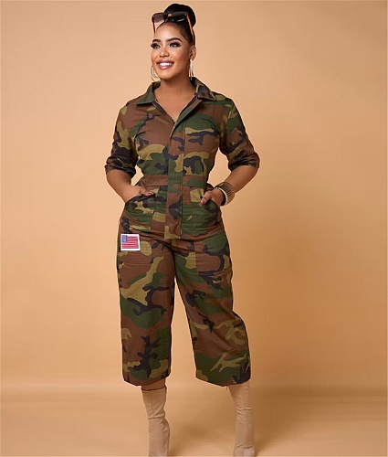 Camo Print Half Sleeve High Waist Street Jumpsuit YNS-1889